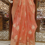 Coral tissue saree with brocade blouse