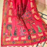 Pink semi tussar saree with printed unstitched blouse.