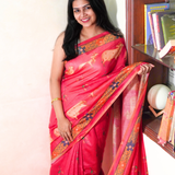 Pink semi tussar saree with printed unstitched blouse.