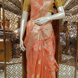 Coral tissue saree with brocade blouse