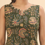 Olive green floral cotton midi dress (attached sleeves)