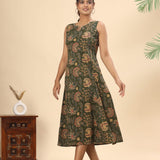 Olive green floral cotton midi dress (attached sleeves)