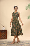 Olive green floral cotton midi dress (attached sleeves)