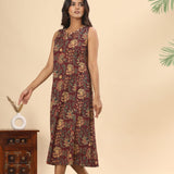 Plum floral cotton midi dress (attached sleeves)