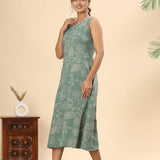 Powder blue floral cotton midi dress (attached sleeves)