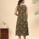 Olive green floral cotton midi dress (attached sleeves)