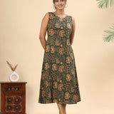 Olive green floral cotton midi dress (attached sleeves)