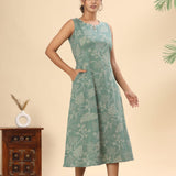Powder blue floral cotton midi dress (attached sleeves)