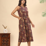 Plum floral cotton midi dress (attached sleeves)