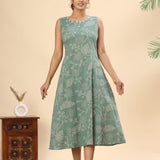 Powder blue floral cotton midi dress (attached sleeves)