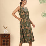 Olive green floral cotton midi dress (attached sleeves)