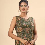 Olive green floral cotton midi dress (attached sleeves)