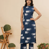 Blue and beige floral cotton co-ords set(attached sleeves)