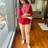 Maroon hand embroidered viscose top