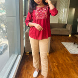 Maroon hand embroidered viscose top