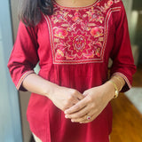 Maroon hand embroidered viscose top