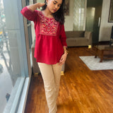 Maroon hand embroidered viscose top
