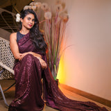 Wine sequin saree with readymade sequin blouse