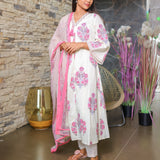 Pink floral cotton alia cut suit set