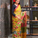 Mustard semi tussar saree with attached contrast blouse