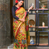 Mustard semi tussar saree with attached contrast blouse