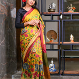 Mustard semi tussar saree with attached contrast blouse