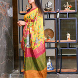 Mustard semi tussar saree with attached contrast blouse