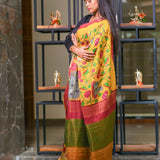 Mustard semi tussar saree with attached contrast blouse