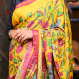 Mustard semi tussar saree with attached contrast blouse