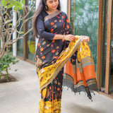 Coal semi tussar saree with contrast grey attached blouse