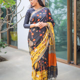 Coal semi tussar saree with contrast grey attached blouse