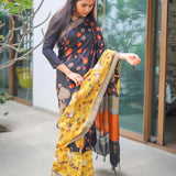 Coal semi tussar saree with contrast grey attached blouse