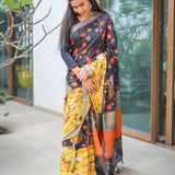 Coal semi tussar saree with contrast grey attached blouse