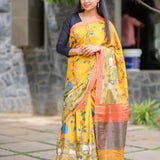 Gold semi tussar saree with contrast blouse