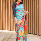 Pacific blue semi tussar saree with contrast red blouse