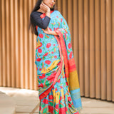 Pacific blue semi tussar saree with contrast red blouse