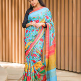 Pacific blue semi tussar saree with contrast red blouse