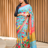 Pacific blue semi tussar saree with contrast red blouse