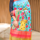 Pacific blue semi tussar saree with contrast red blouse