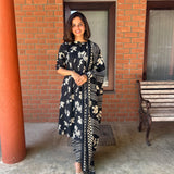 Black floral cotton suit set