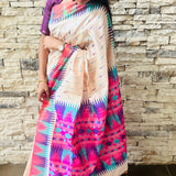 Semi tussar saree with contrast pink unstitched blouse.