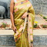 Olive green semi tussar saree with unstitched self printed blouse