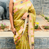 Olive green semi tussar saree with unstitched self printed blouse