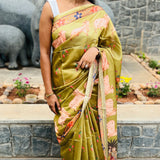 Olive green semi tussar saree with unstitched self printed blouse