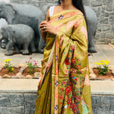 Olive green semi tussar saree with unstitched self printed blouse