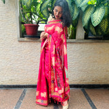 Pink semi tussar saree with printed unstitched blouse.