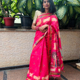 Pink semi tussar saree with printed unstitched blouse.