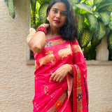 Pink semi tussar saree with printed unstitched blouse.