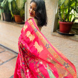 Pink semi tussar saree with printed unstitched blouse.