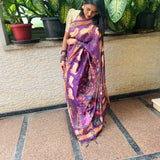 Violet semi tussar saree with printed unstitched blouse.